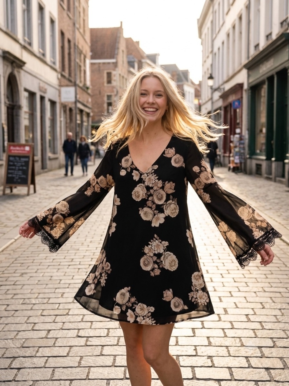 Astr Black Mini Dress with Beige Rose Print